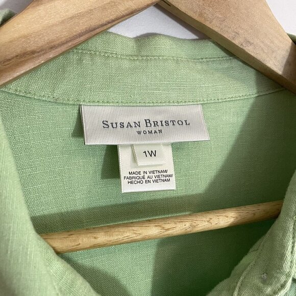 Susan Bristol 100% Linen Button Up Shirt Womens 12 L Green Blouse Mature EUC - Picture 3 of 13